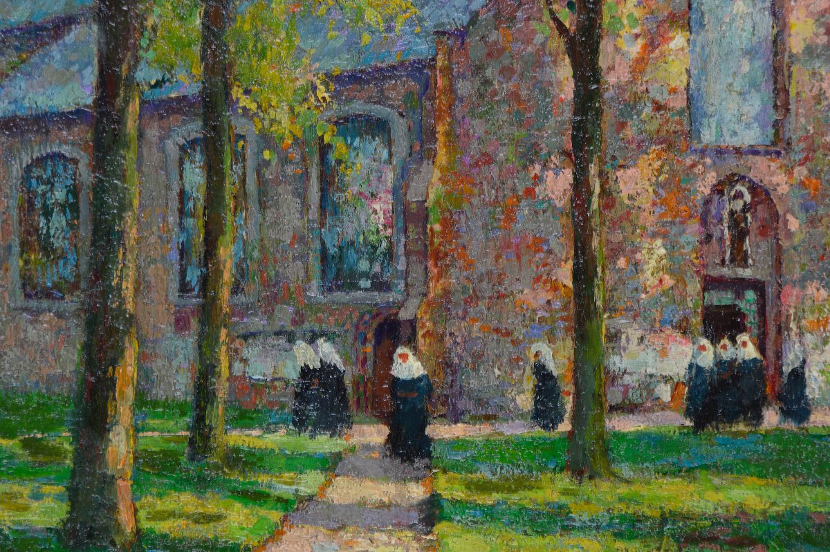 Charles Henri Verbrugghe 1877-1974. Belgian School "the Beguinage Of Bruges."-photo-3