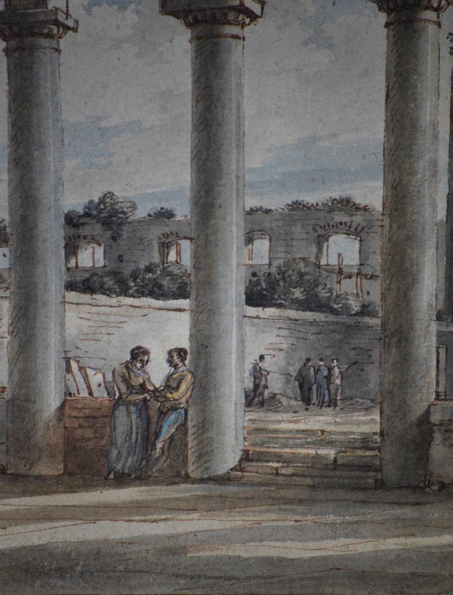Victor-jean Nicolle 1754-1826. "Moine et promeneur dans un cloître de Rome."-photo-5