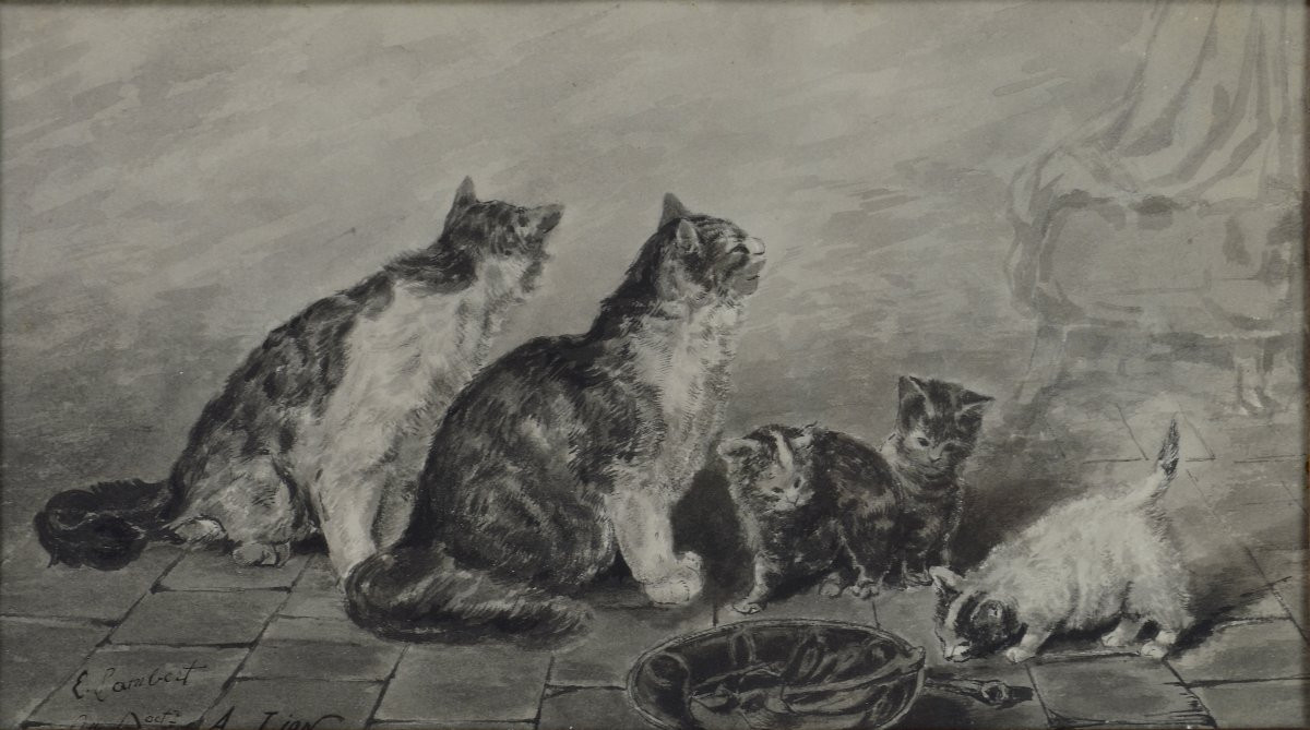 Louis-eugène Lambert 1825-1900. "family Of Cats."-photo-3