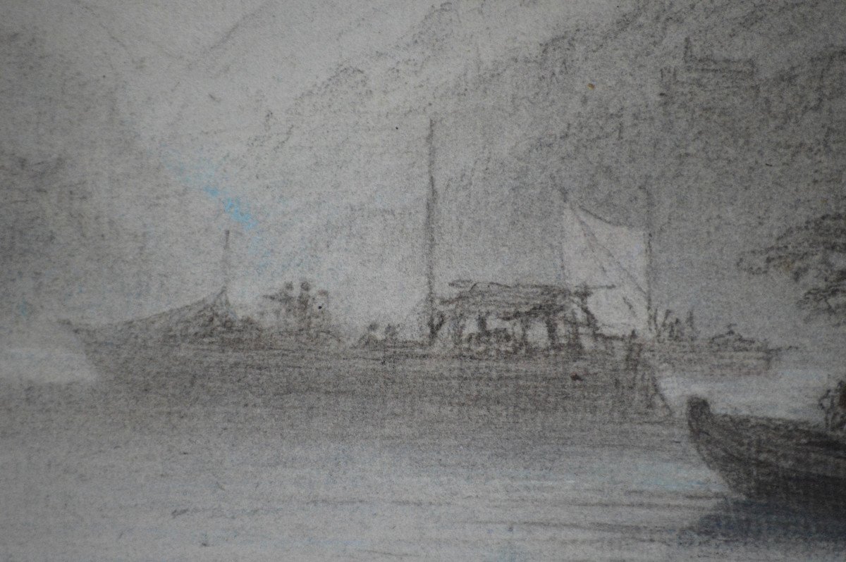 Fortuné Férogio 1805-1888. "Bateaux de pêches en rivière."-photo-1