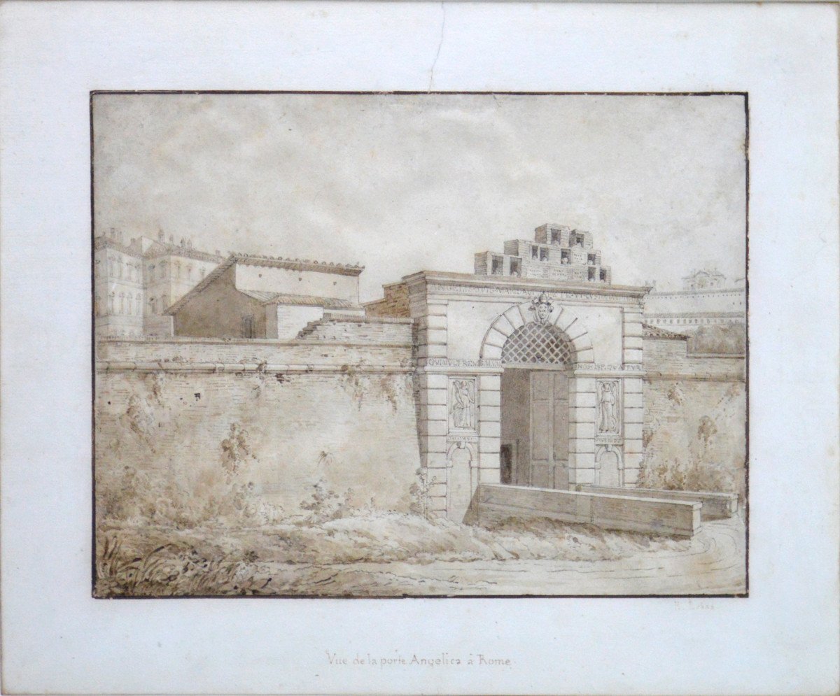 Louis Hippolyte Lebas 1782-1867. "Vue de la porte Angelica à Rome."-photo-3