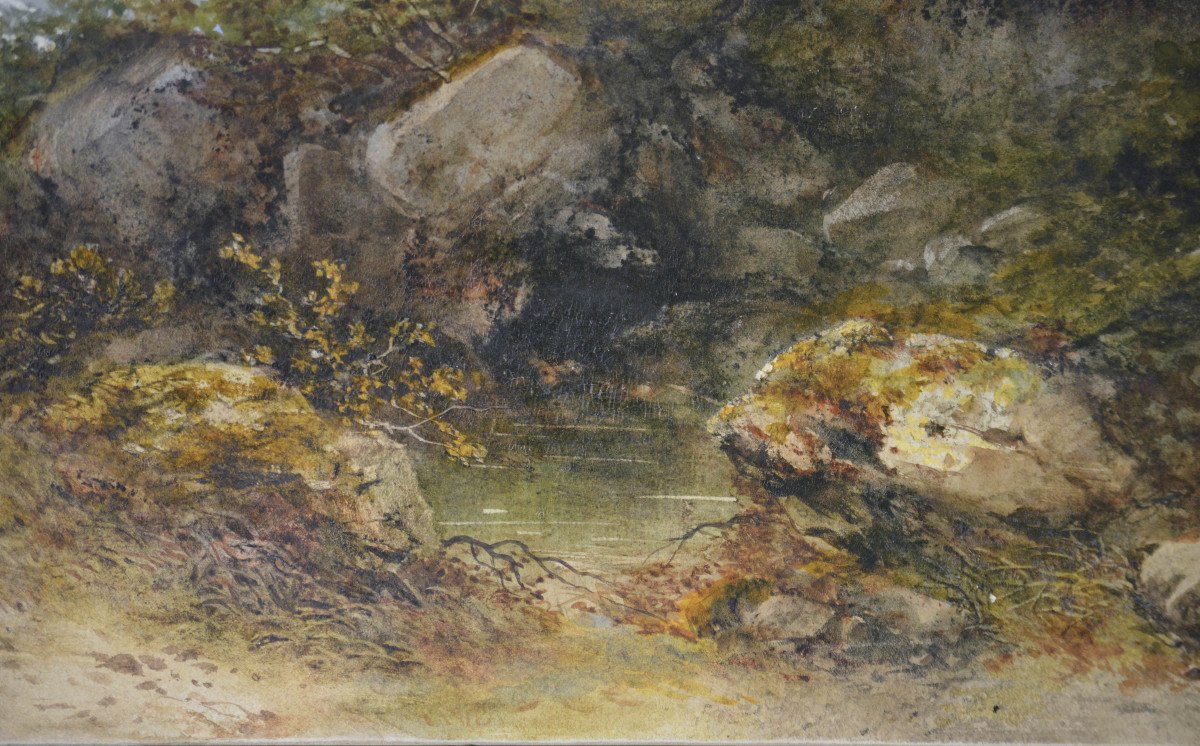 Gabriel Hippolyte Lebas 1812-1880.  "Paysage au chasseur de bouquetin."-photo-1