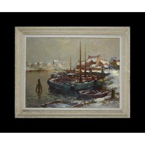 Kees Terlouw 1890-1948. École Hollandaise. "Port sous la neige."