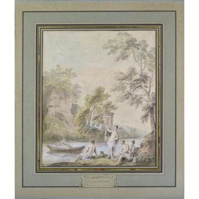 Jean-Baptiste Lallemand 1716-1803. "Baigneuses au bord d'une rivière."