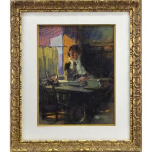 Louis Fortuney 1875-1951. "Femme lisant dans un café."
