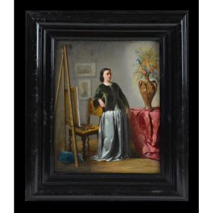 Adolphe Stache 1823-1862. Belgian School. "woman Painter In Her Studio."