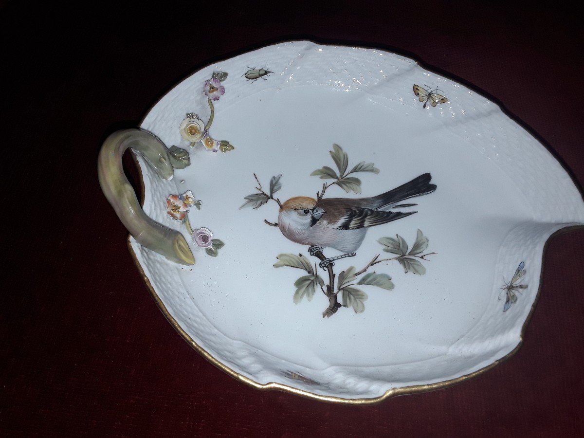 Meissen Coupe Ravier En Forme De Feuille Décor Polychrome d'Un Oiseau Et Insectes Sur Le Marli