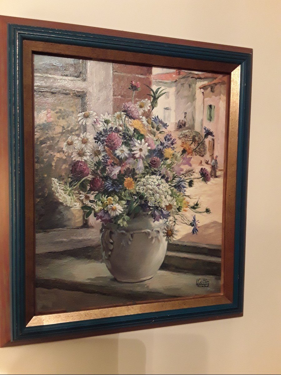 Louise  Cottin  (1907_1974 ) Bouquet De Fleurs Des Champs Vue De Village  Animé 