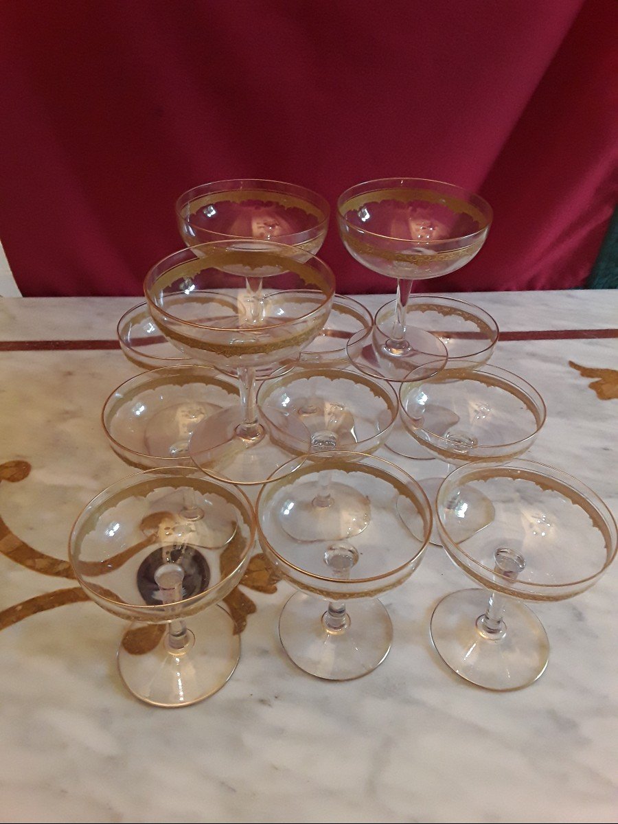 Saint Louis 12 Modèle  Roty Crystal Cups Gold Decor In Good Condition. -photo-2