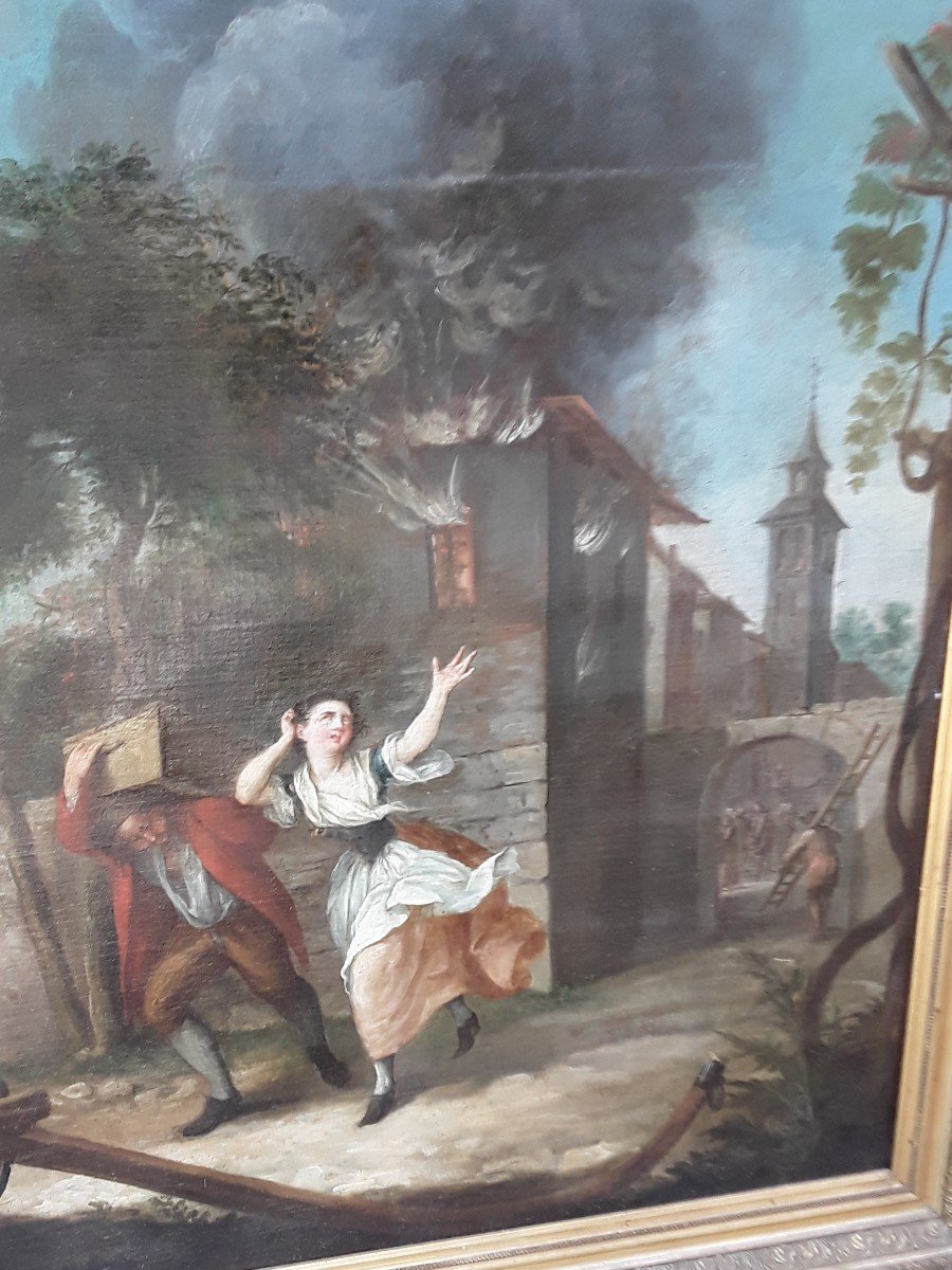 Fire French School From The 18th Century Important Oil On Canvas Frame 19th Century -photo-2