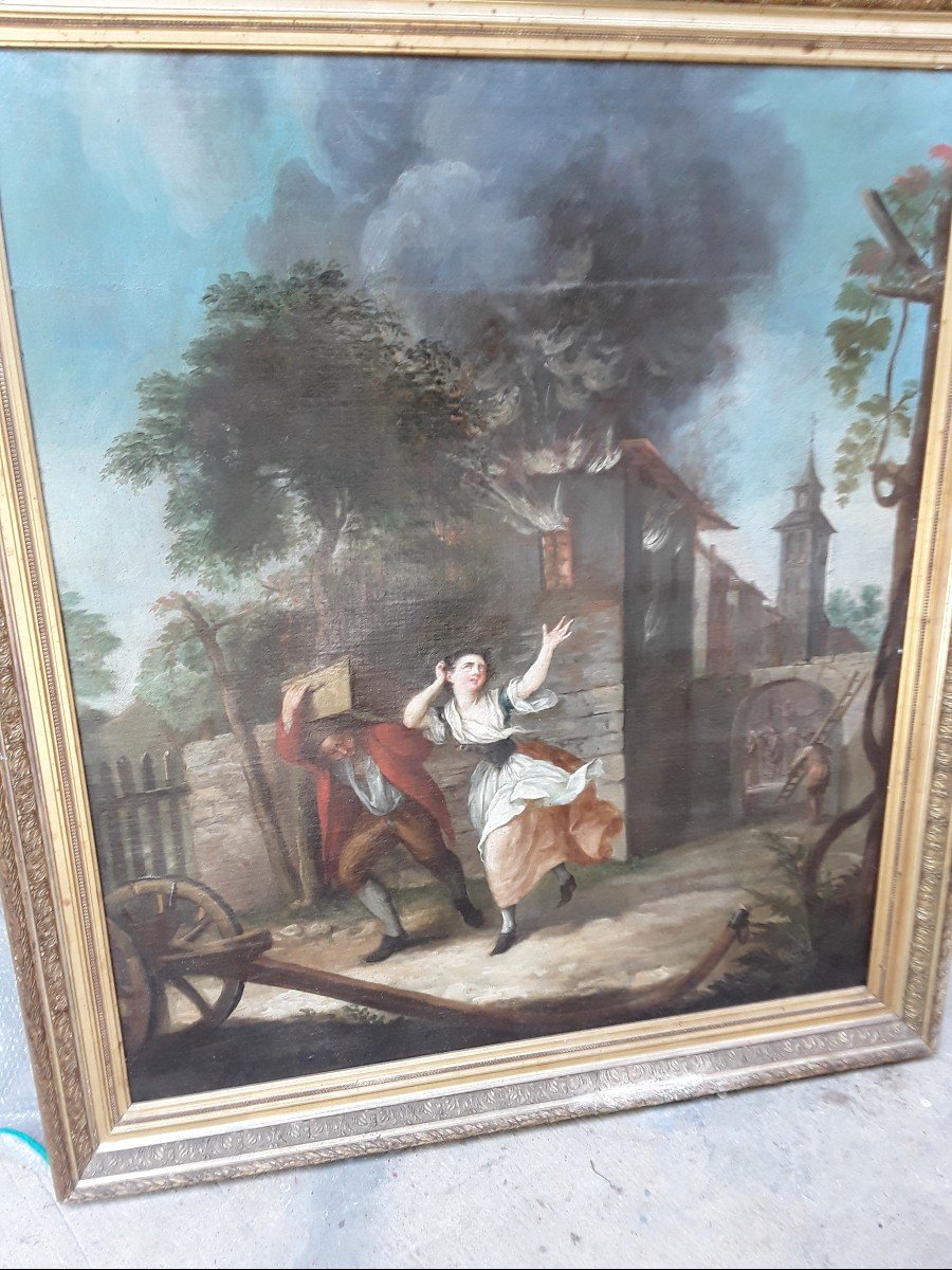 Fire French School From The 18th Century Important Oil On Canvas Frame 19th Century -photo-2