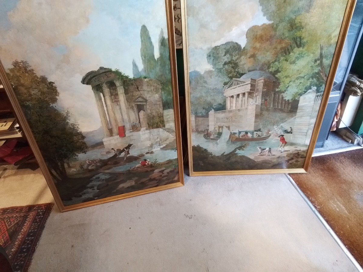 Hubert Robert d'Après 2 Grandes Peintures  Décoratives Signées  Et Datées  1927 Sur toiles maro-photo-5