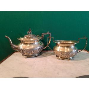 Exceptional China, Vietnam Teapot And Sugar Bowl Silver, Vermeil Tiger Hunting Decor