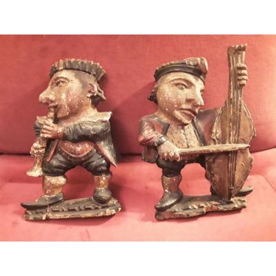 Pair Of Wooden Polychrome Statuettes Musicians Alsace Late 17th Century