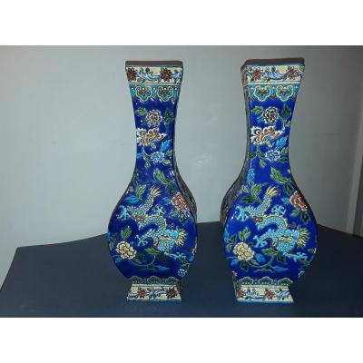 Gien Rare Paire De Vases Décor  Au Dragon Style Chinois Forme Carrée 
