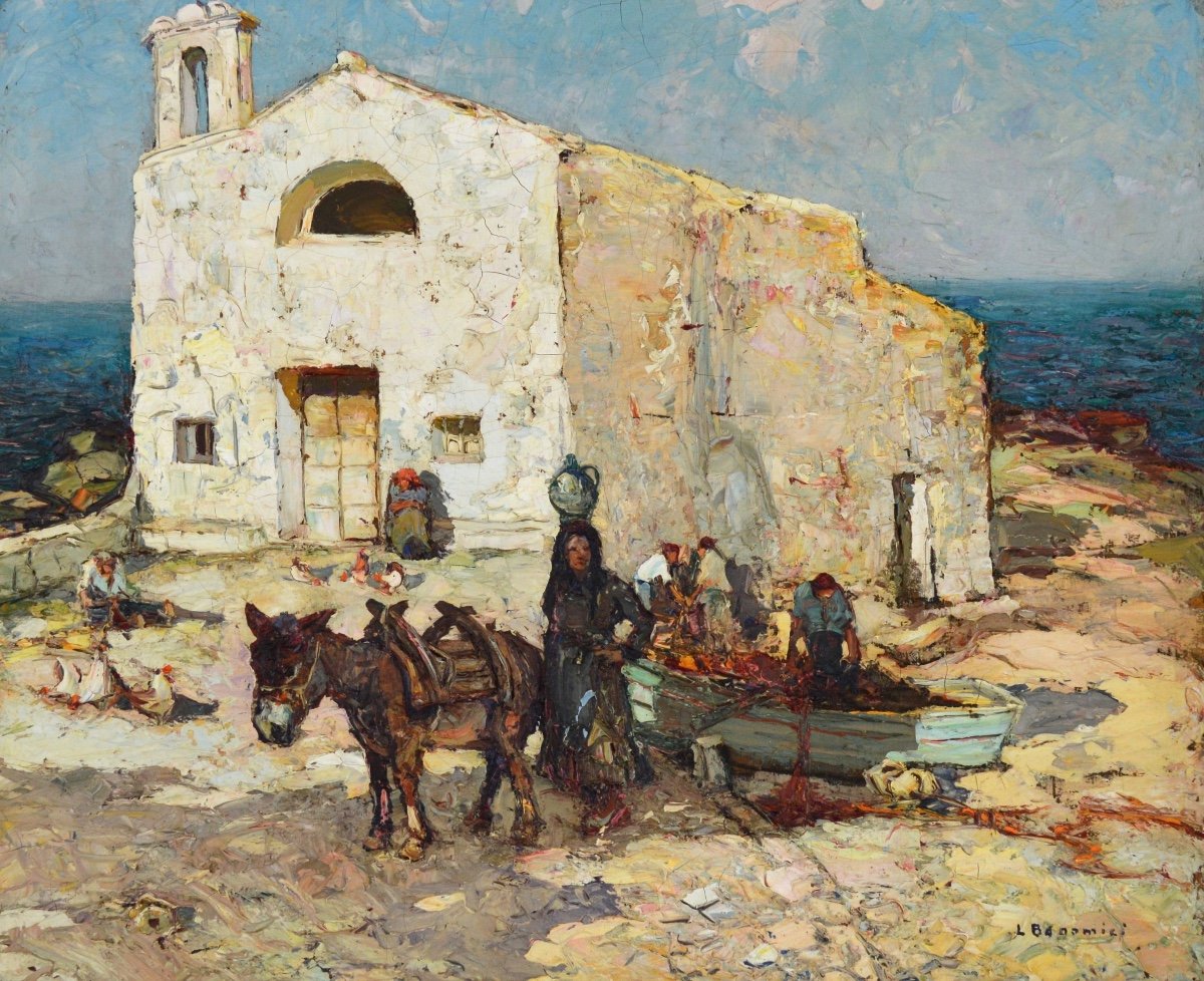 Bonamici Louis (1878-1966) "animated Chapel In Corsica" Oletta Saint Florent Pêcheurs Provence 