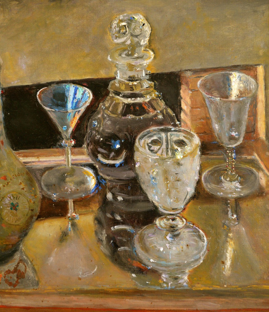 Gard Léon (1901-1979) "still Life With A Banyuls Carafe" Paris Verrerie Tulle France-photo-3