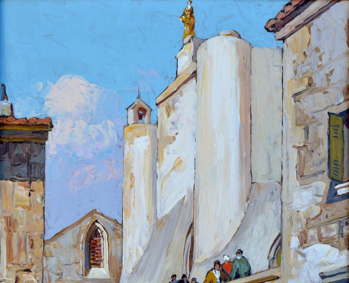 VIDAL Gustave (1895-1966) «Sortie de l'église à Istres » Provence Avignon Martigues Miramas Fos-photo-3