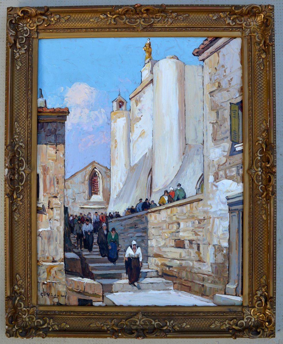 VIDAL Gustave (1895-1966) «Sortie de l'église à Istres » Provence Avignon Martigues Miramas Fos-photo-1