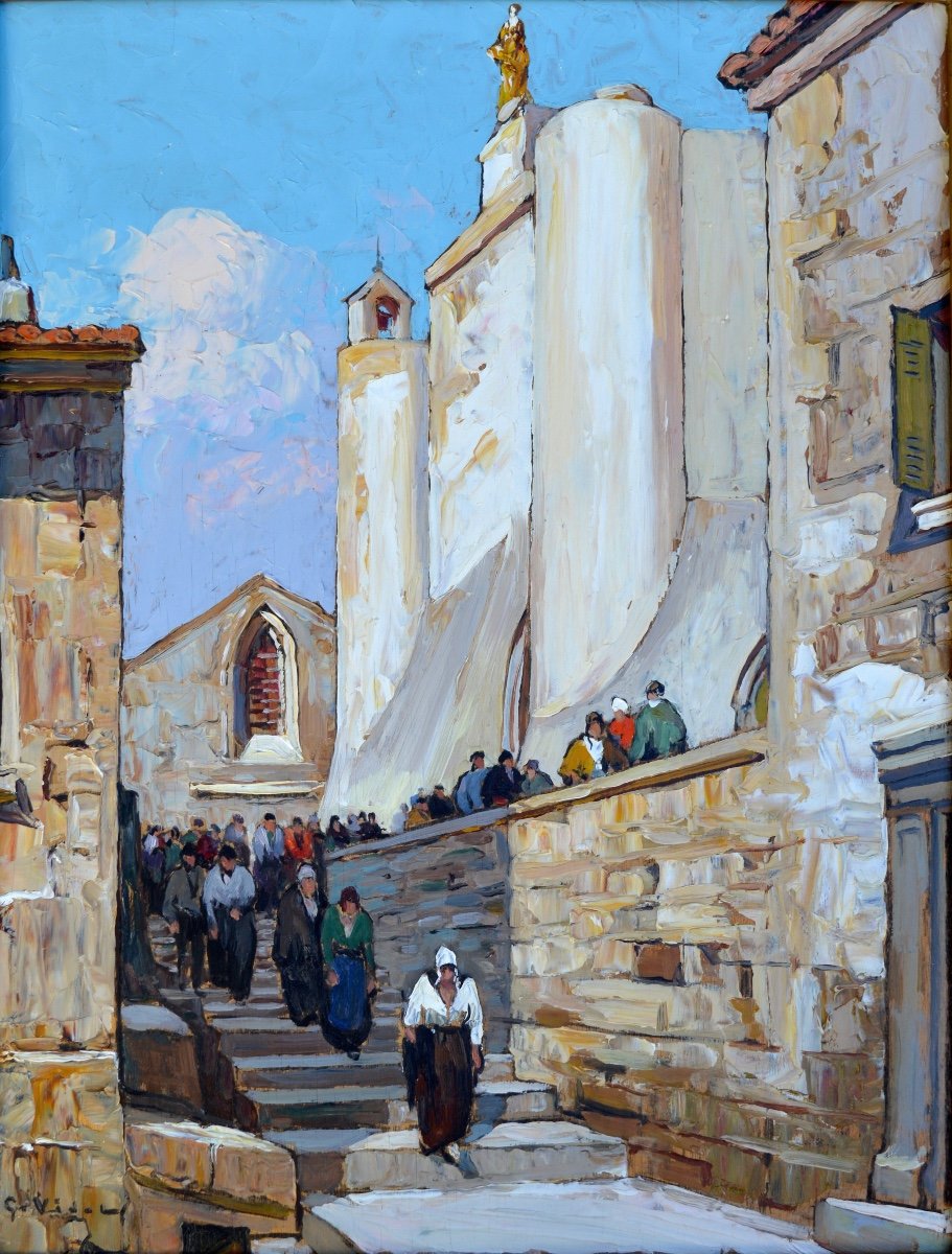 VIDAL Gustave (1895-1966) «Sortie de l'église à Istres » Provence Avignon Martigues Miramas Fos