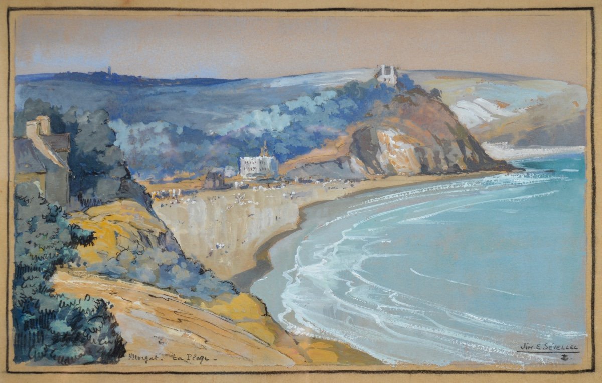 SEVELLEC Jim Eugène (1897-1971) «Plage de Morgat » Crozon Bretagne Douarnenez Quimper Sévellec