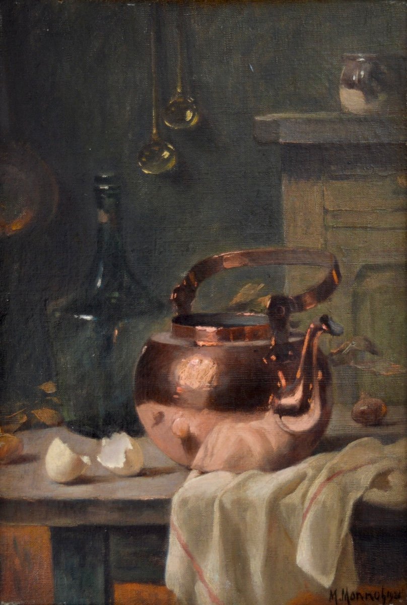 MONNOT Maurice Louis (1869-1937) " Coin de table au cuivre " Bail Cuisine Paris Nature morte