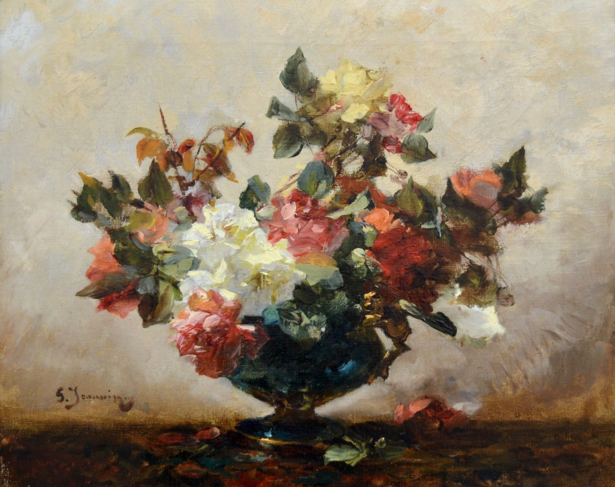 JEANNIN Georges (1841-1925) « Bouquet de fleurs dans un vase » Paris Cresbon Rose Versailles 