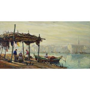 HURARD Joseph (1887-1956) « Pêcheurs le long du canal, Martigues » Provence Avignon Marseille