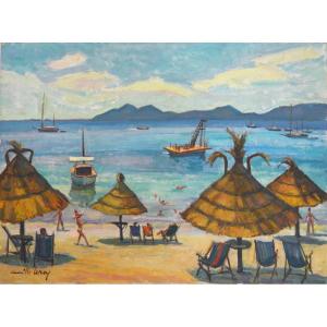 Leroy Camille (1905-1995) "beach At Roquebrune Cap Martin" Menton Monaco Palma Riviera Provence
