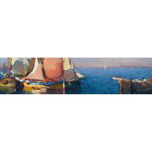 BONAMICI Louis (1878-1966) « Pêcheurs dans la baie de Cannes » Nice Antibes Provence Marseille