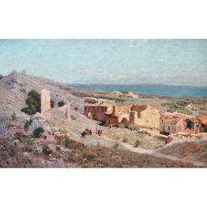 BARBERIIS Eugène de (1851-1937)  « Vue de Miramas-le-Vieux » Marseille Istres Provence Sanary