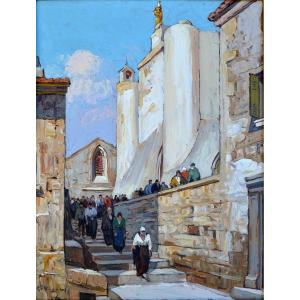 VIDAL Gustave (1895-1966) «Sortie de l'église à Istres » Provence Avignon Martigues Miramas Fos