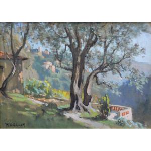 WEGELIN Émile (1875-1962)  « Oliviers à Falicon » Provence Nice Alpes Maritimes Lyon Apremont