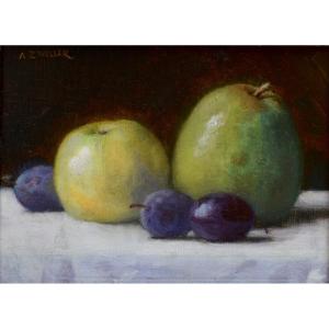 Zwiller Augustin (1850-1939) “still Life With Plums, Apple And Pear” Alsace Henner Paris