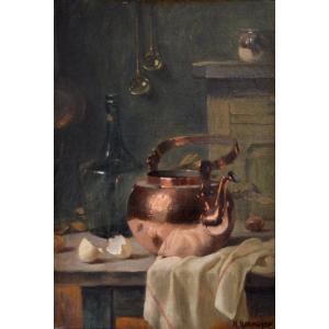 MONNOT Maurice Louis (1869-1937) " Coin de table au cuivre " Bail Cuisine Paris Nature morte