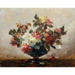 JEANNIN Georges (1841-1925) « Bouquet de fleurs dans un vase » Paris Cresbon Rose Versailles 