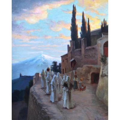 Bonneau Jacques (1875-?) "procession Of White Penitents In Malaucène" Ventoux Provence Bedoin