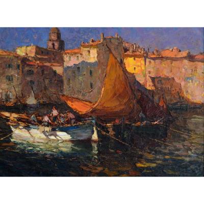 BONAMICI Louis (1878-1966) "Pêcheurs au soleil couchant à Saint-Tropez" Provence Marseille 