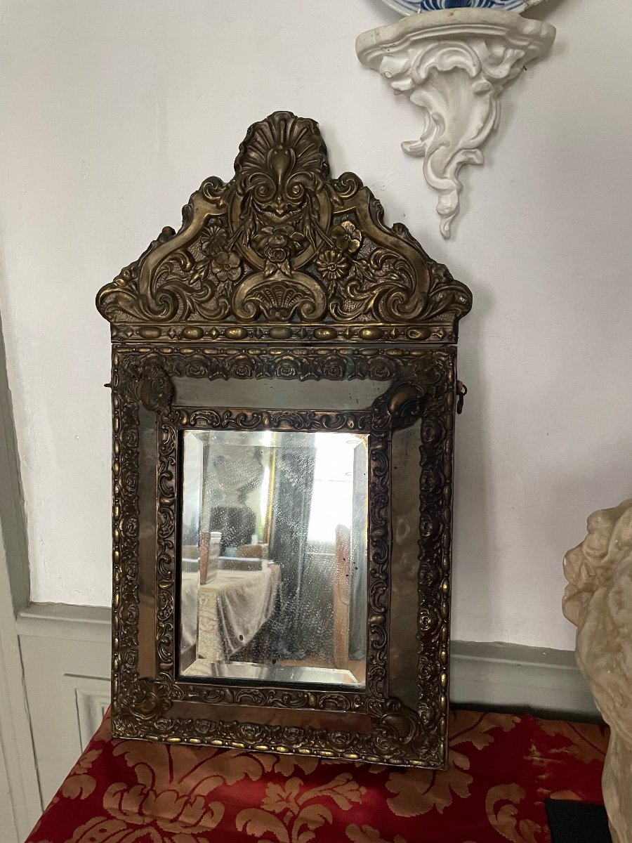 Antique Faceted Mirror With Repoussé Copper-photo-4