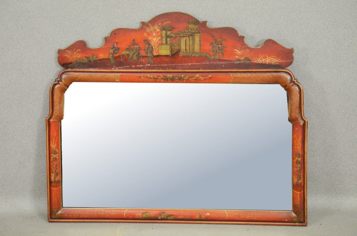 Red Asian Lacquered Wood Mirror 83 X 97cm