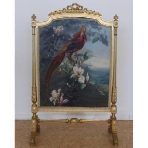 Fireplace Screen In Gilded Wood With Louis XVI Painted Pheasant