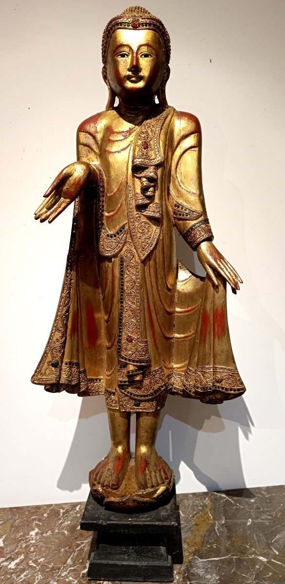 Standing Buddha In Carved And Gilded Wood Thailand