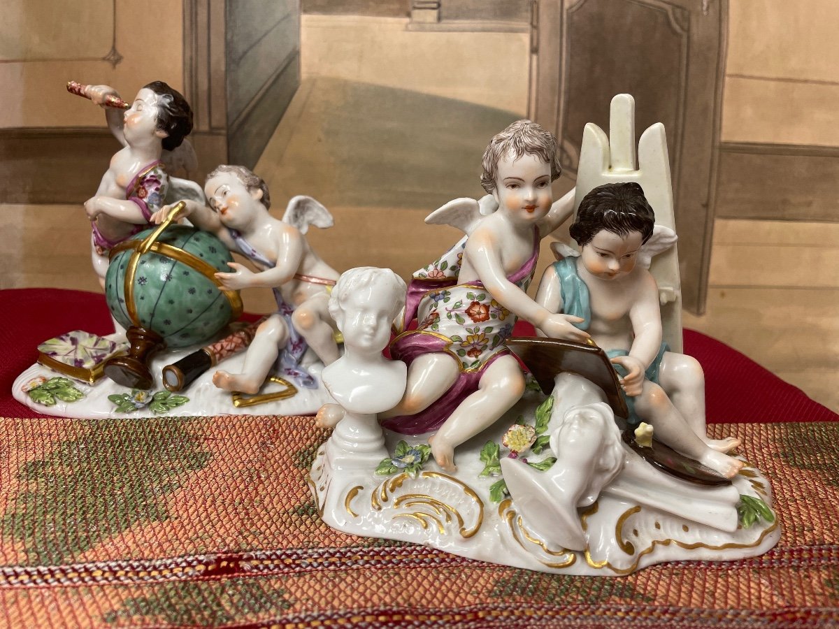 Pair Of Putti Porcelain Scenes "the Arts" And "the Sciences" Attributed To Samson