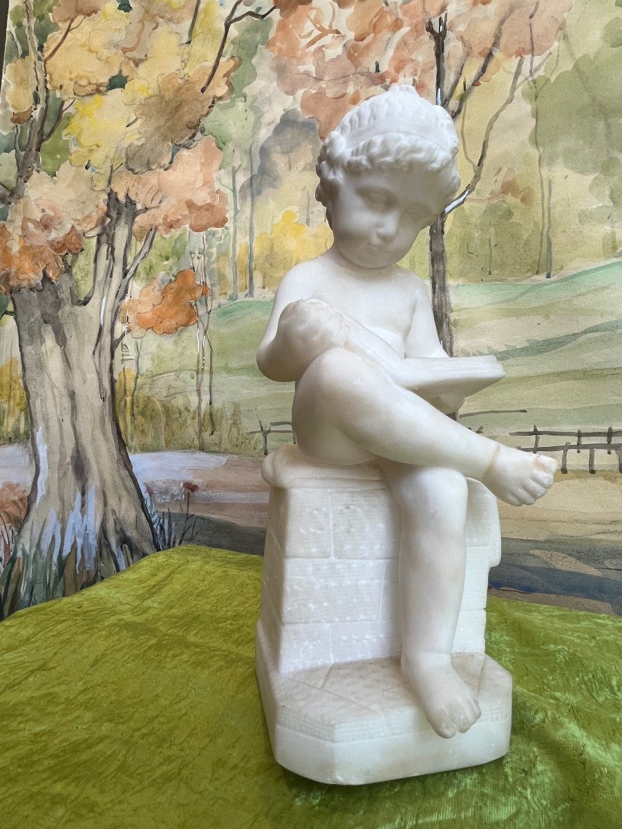 Statue "child Reading" In Alabaster After Charles Gabriel Sauvage