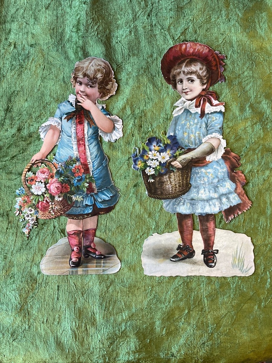 2 Big Die-cut Victorian Scraps Representing 2 Girls With Flowers