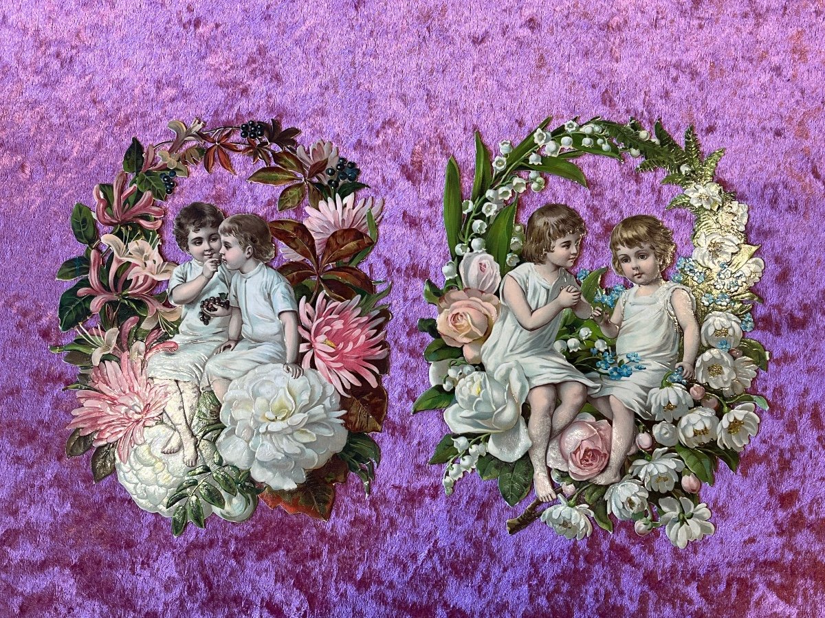 Pair Of Die-cut Victorian Scraps Representing Young Children Surrounding By Flowers