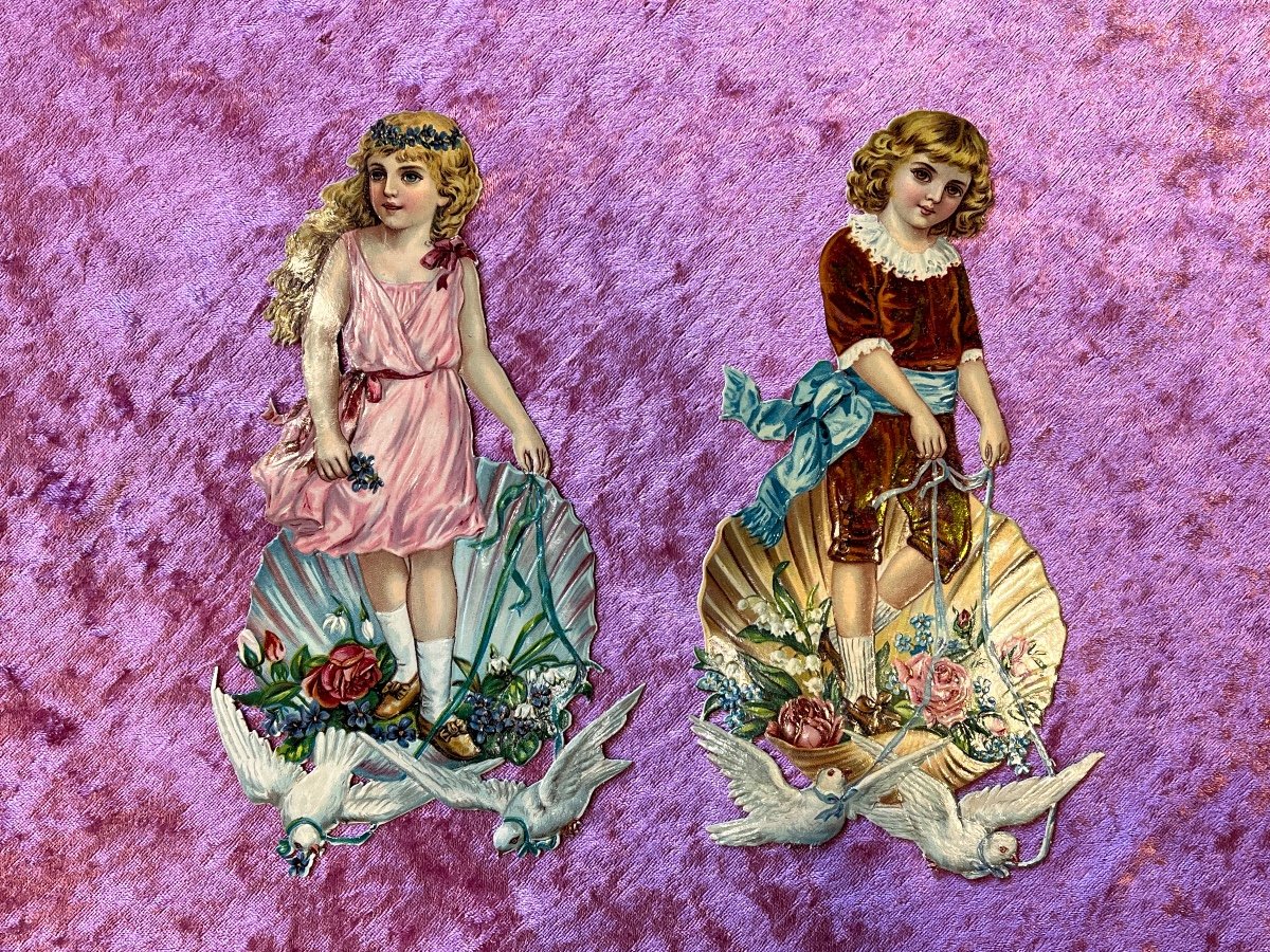 Pair Of Victorian Chromos Depicting Young Children With Doves