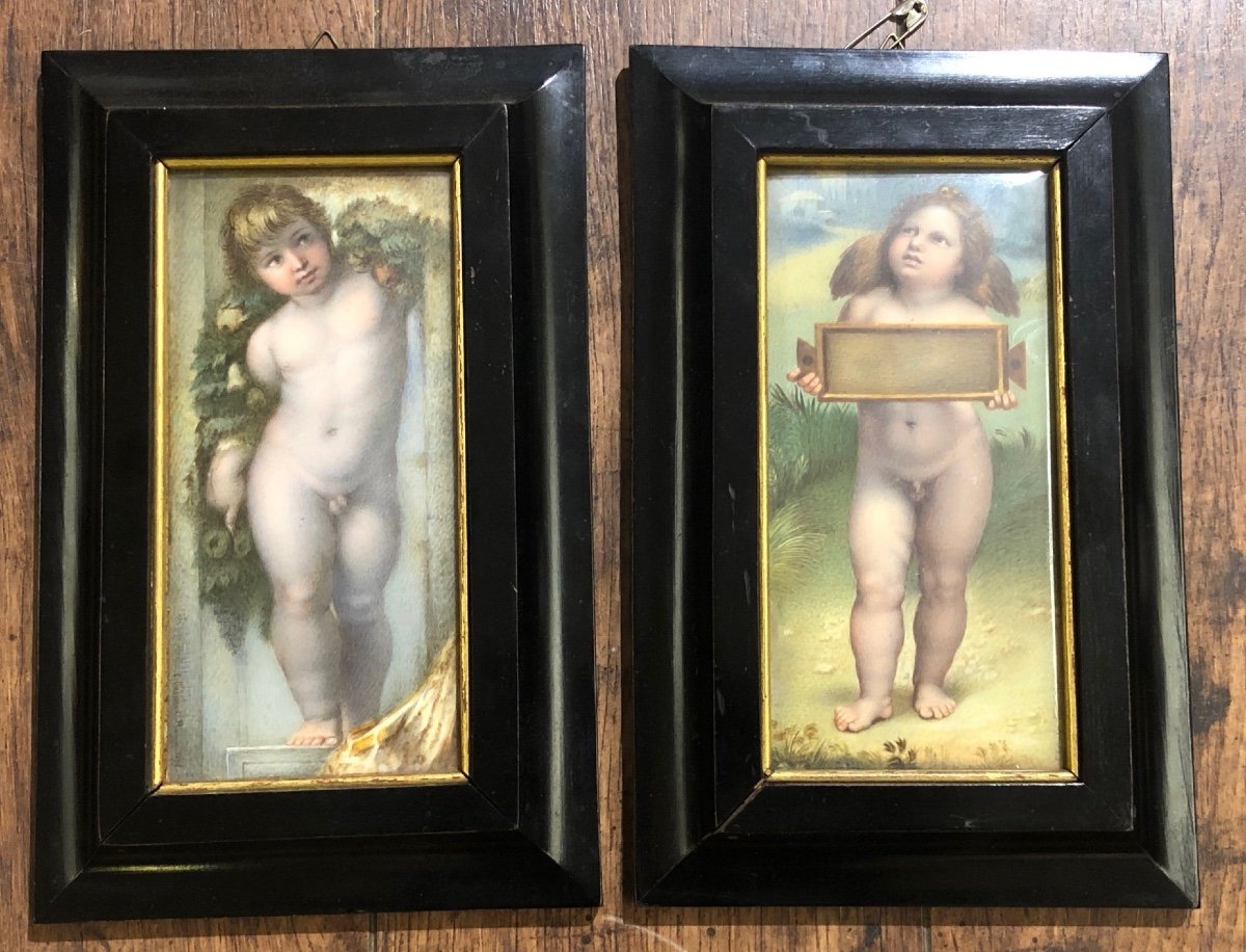 Pair Of Cherubs, Painting By The Italian Miniaturist C. Caruson