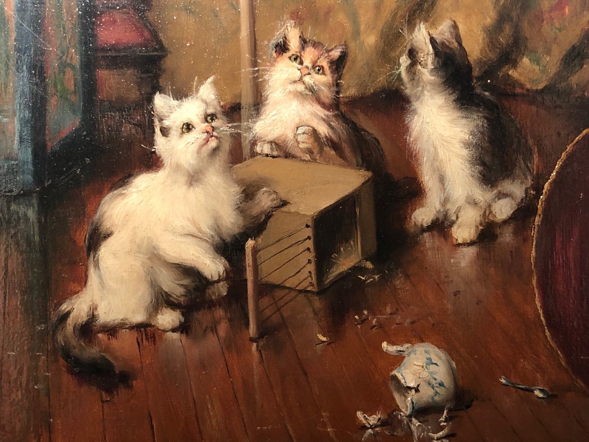 Huile Sur Panneau Représentant Des Chats Par Jules Gustave Le Roy-photo-2