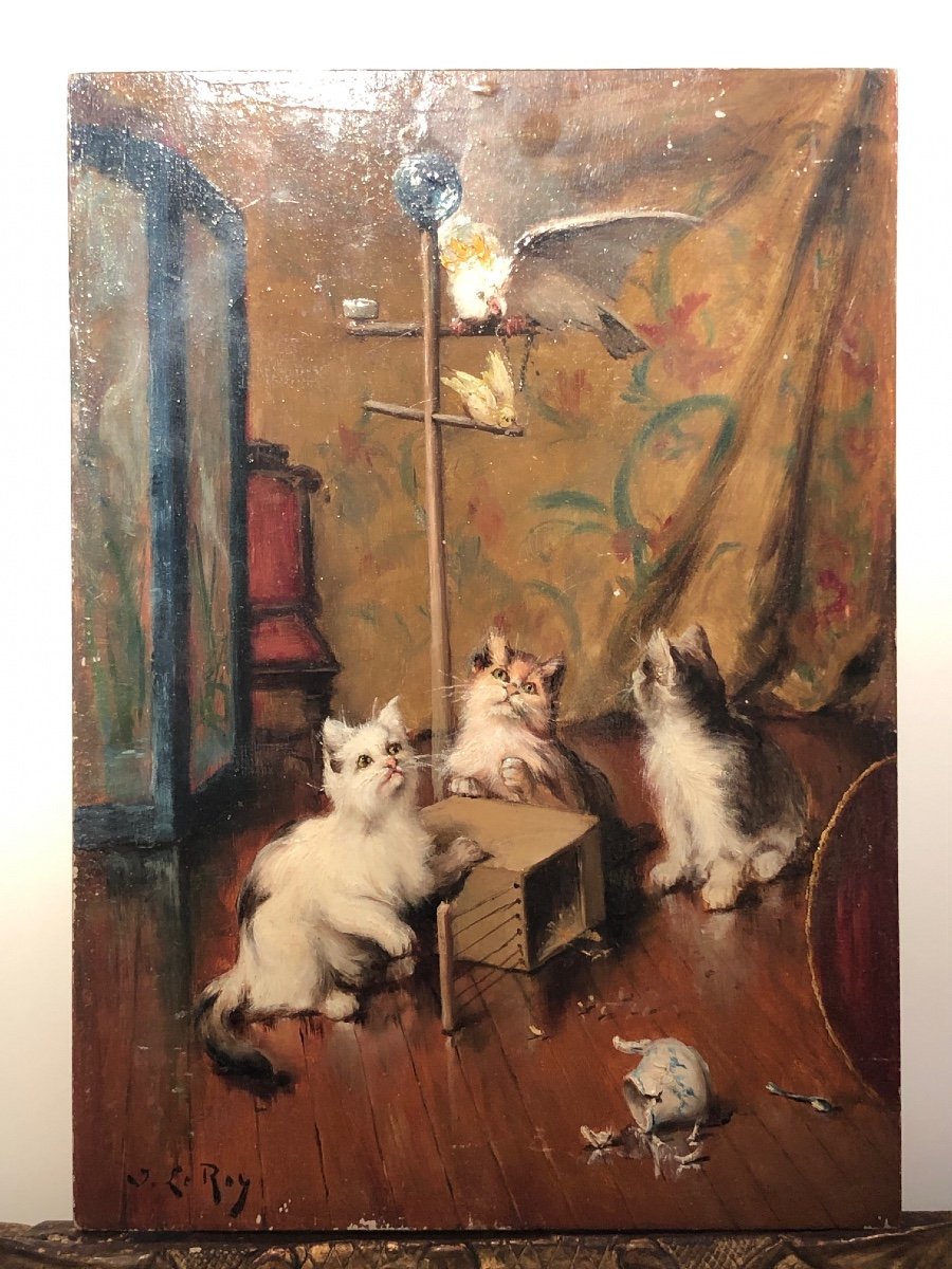 Huile Sur Panneau Représentant Des Chats Par Jules Gustave Le Roy-photo-4